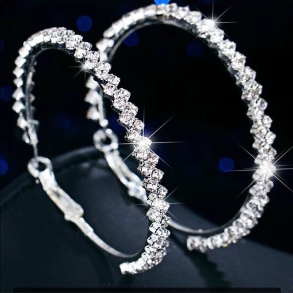 NEW DIAMOND STERLING SILVER HOOP EARRINGS, NICE EARRINGS, CUTE EARRINGS. - Picture 2 of 4